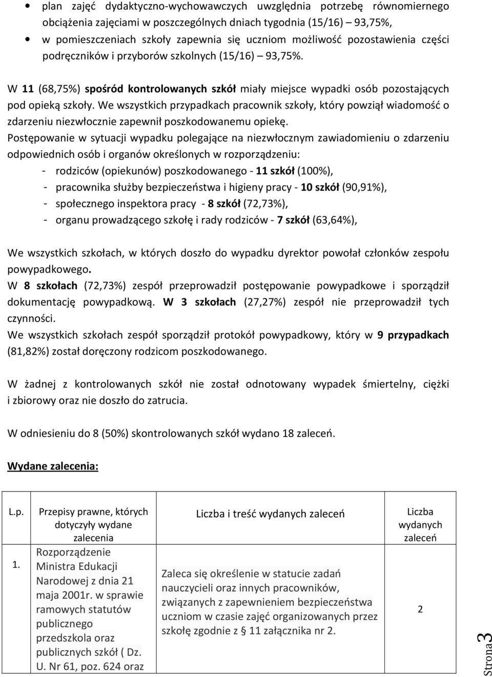 We wszystkich przypadkach pracownik szkoły, który powziął wiadomość o zdarzeniu niezwłocznie zapewnił poszkodowanemu opiekę.