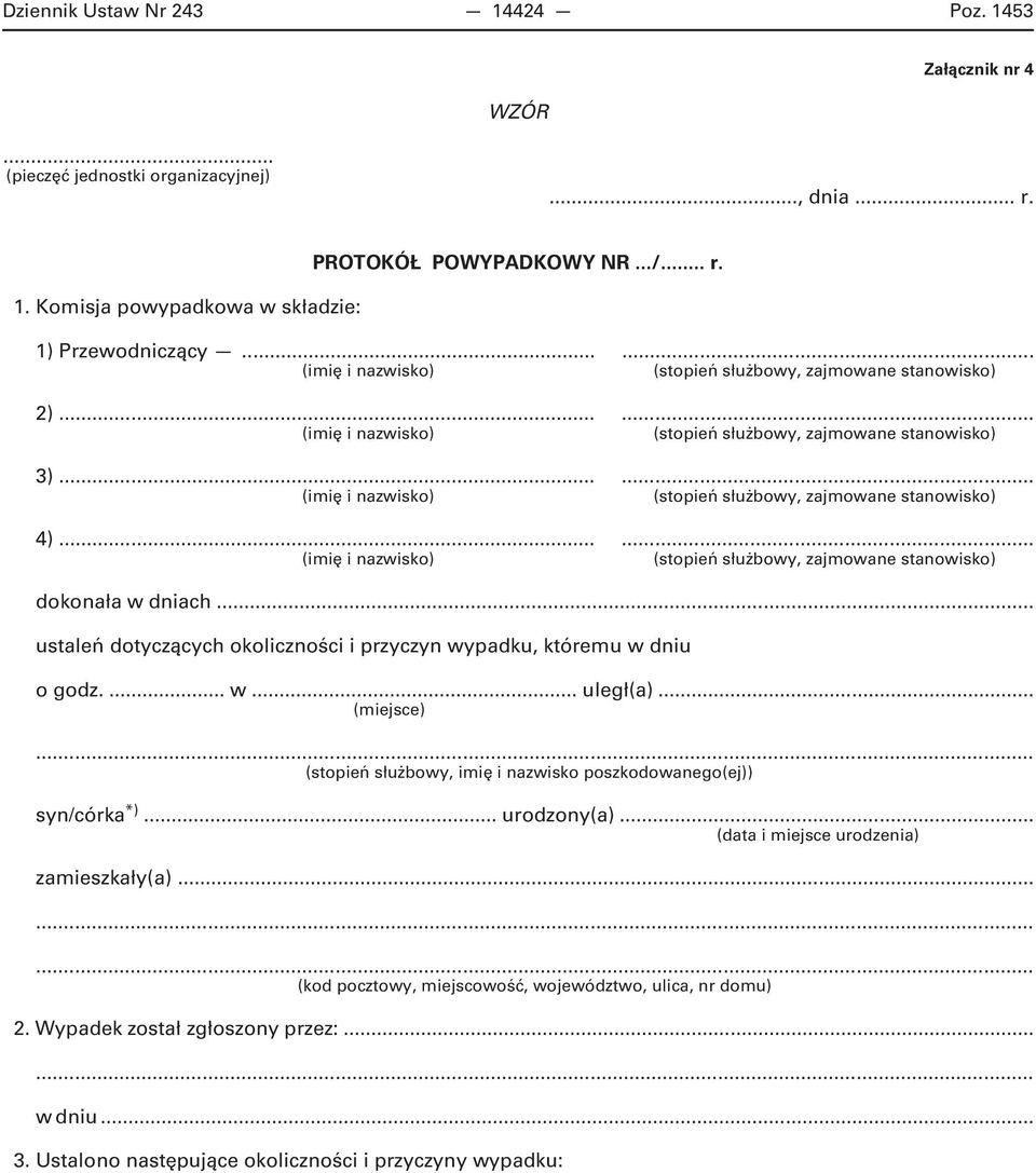 ..... (imię i nazwisko) (stopień służbowy, zajmowane stanowisko) dokonała w dniach... ustaleń dotyczących okoliczności i przyczyn wypadku, któremu w dniu o godz.... w... uległ(a).