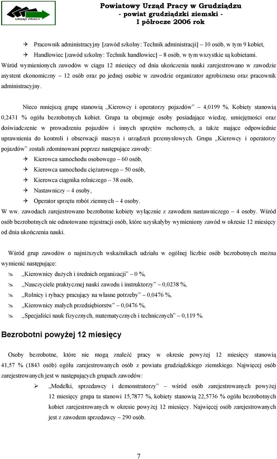 administracyjny. Nieco mniejszą grupę stanowią Kierowcy i operatorzy pojazdów 4,0199 %. Kobiety stanowią 0,2431 % ogółu bezrobotnych kobiet.