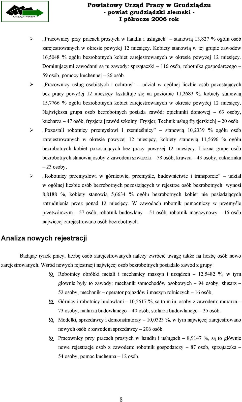 Dominującymi zawodami są tu zawody: sprzątaczki 116 osób, robotnika gospodarczego 59 osób, pomocy kuchennej 26 osób.