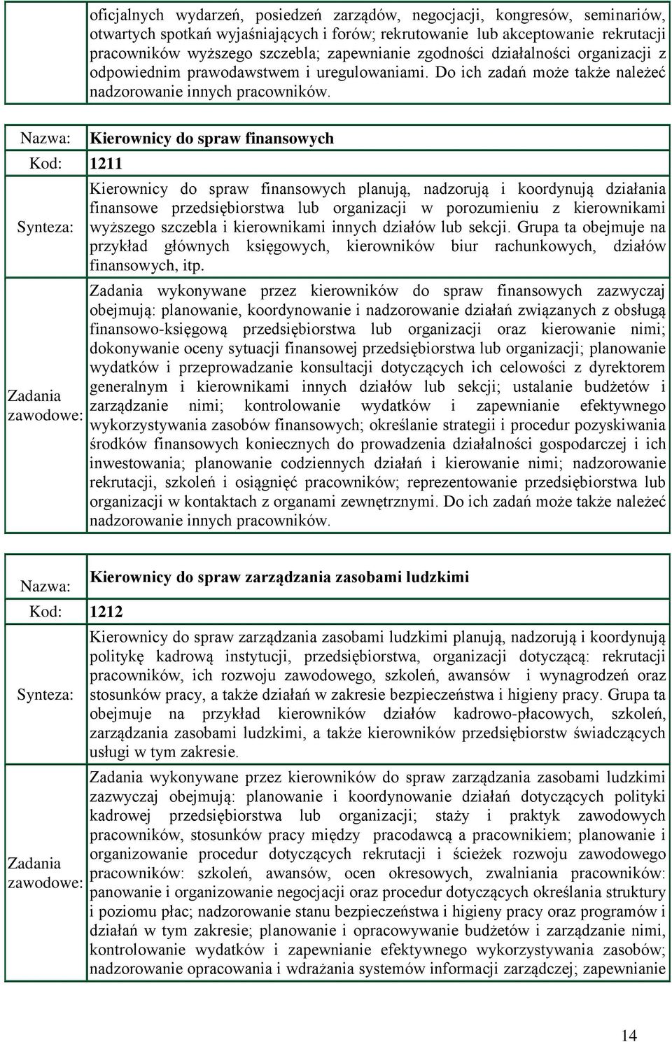 Kod: 1211 Kierownicy do spraw finansowych Kierownicy do spraw finansowych planują, nadzorują i koordynują działania finansowe przedsiębiorstwa lub organizacji w porozumieniu z kierownikami wyższego