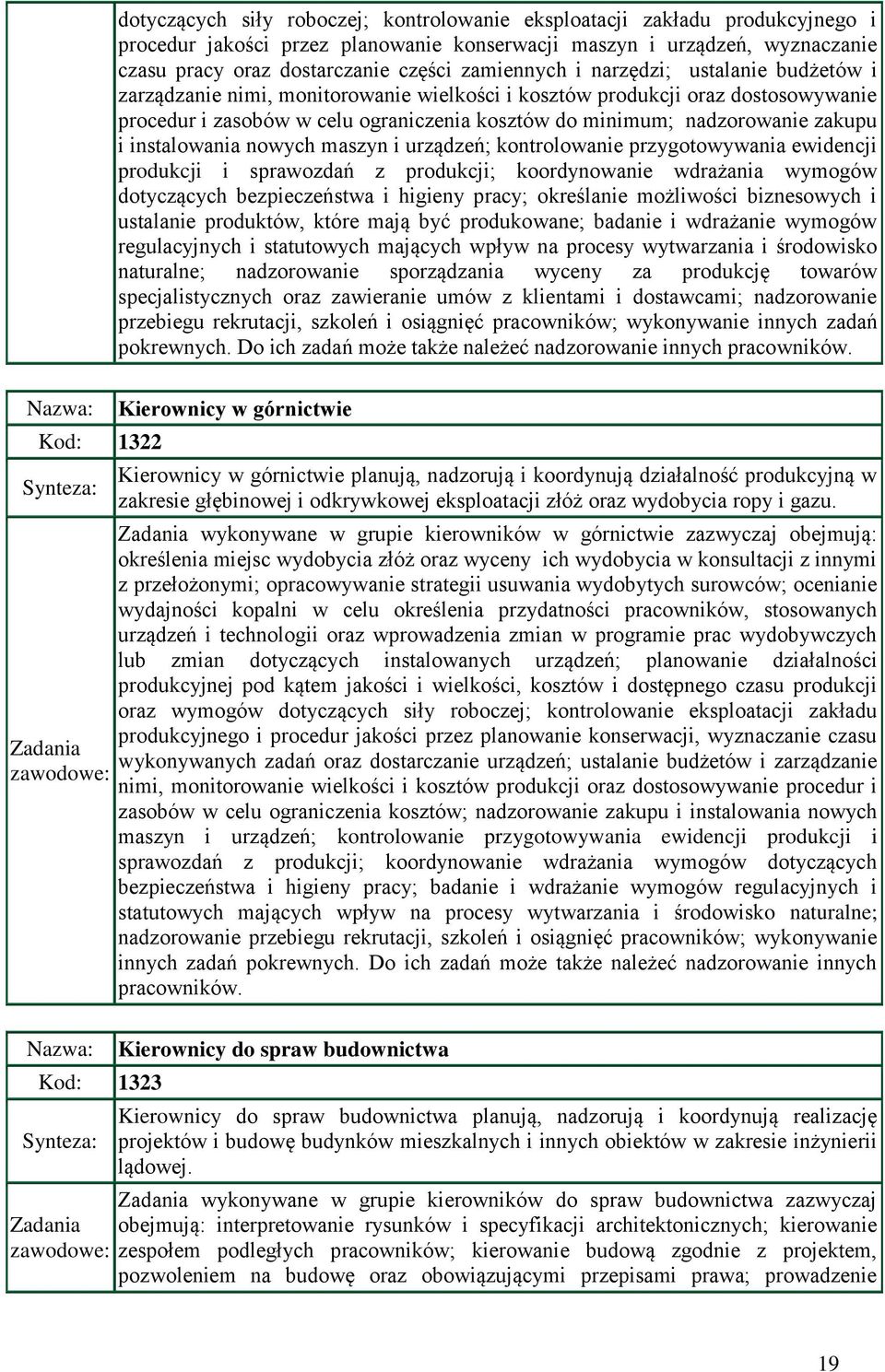 zakupu i instalowania nowych maszyn i urządzeń; kontrolowanie przygotowywania ewidencji produkcji i sprawozdań z produkcji; koordynowanie wdrażania wymogów dotyczących bezpieczeństwa i higieny pracy;