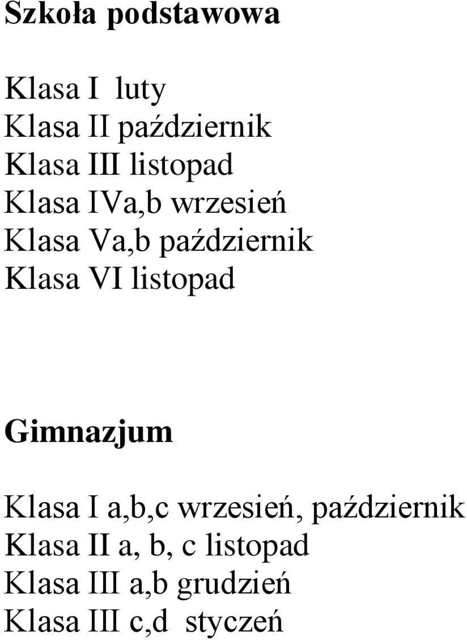 listopad Gimnazjum Klasa I a,b,c wrzesień, październik Klasa