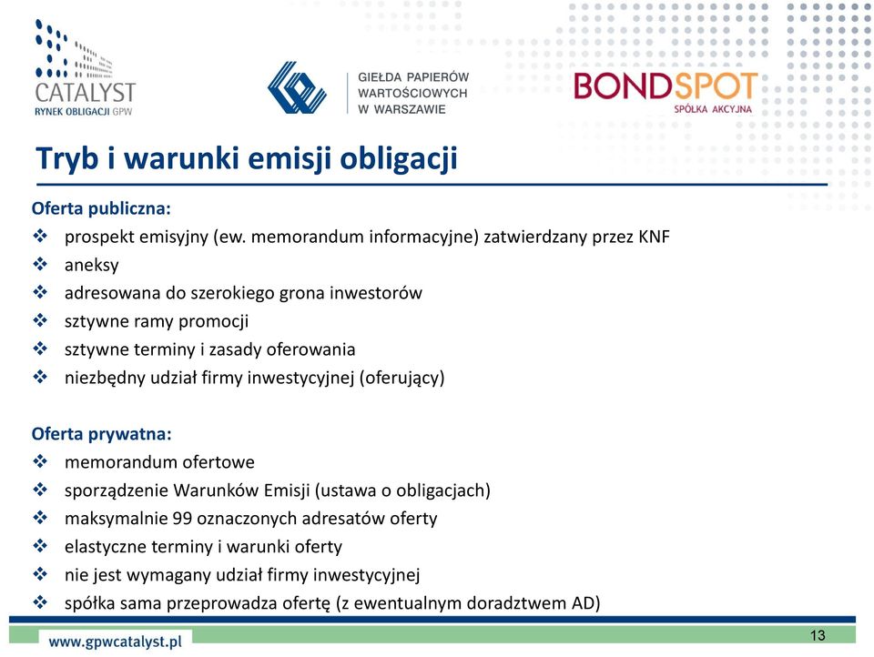 zasady oferowania niezbędny udział firmy inwestycyjnej (oferujący) Oferta prywatna: memorandum ofertowe sporządzenie Warunków Emisji