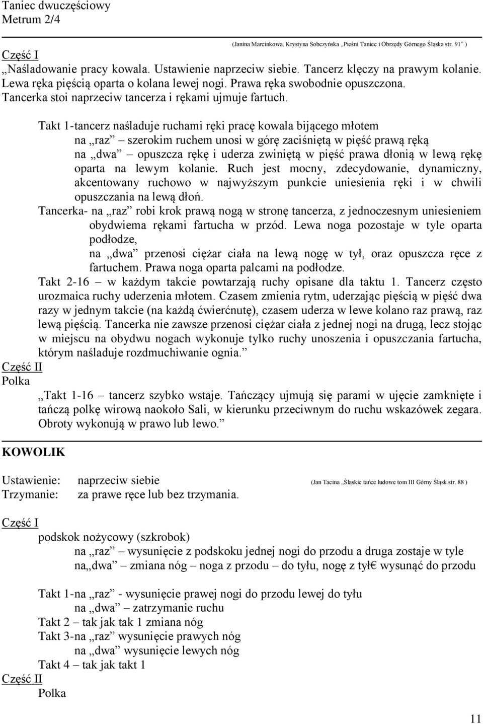 Takt 1- tancerz naśladuje ruchami ręki pracę kowala bijącego młotem na raz szerokim ruchem unosi w górę zaciśniętą w pięść prawą ręką na dwa opuszcza rękę i uderza zwiniętą w pięść prawa dłonią w