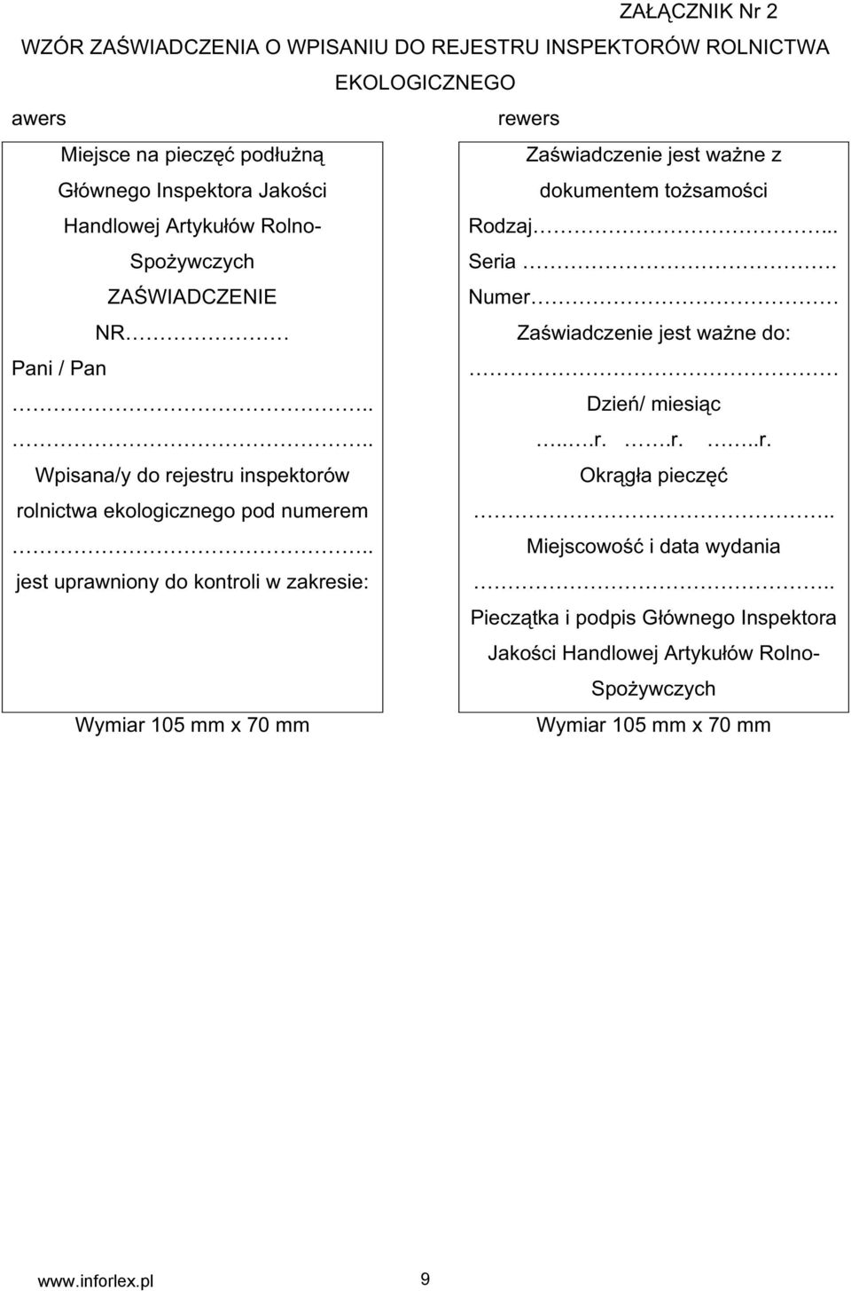 Numer Za wiadczenie jest wa ne do: Dzie / miesi c.....r..r...r. Wpisana/y do rejestru inspektorów rolnictwa ekologicznego pod numerem.