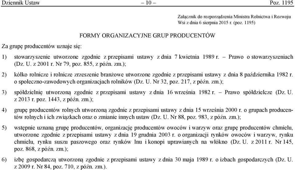 ); 2) kółko rolnicze i rolnicze zrzeszenie branżowe utworzone zgodnie z przepisami ustawy z dnia 8 października 1982 r. o społeczno-zawodowych organizacjach rolników (Dz. U. Nr 32, poz. 217, z późn.