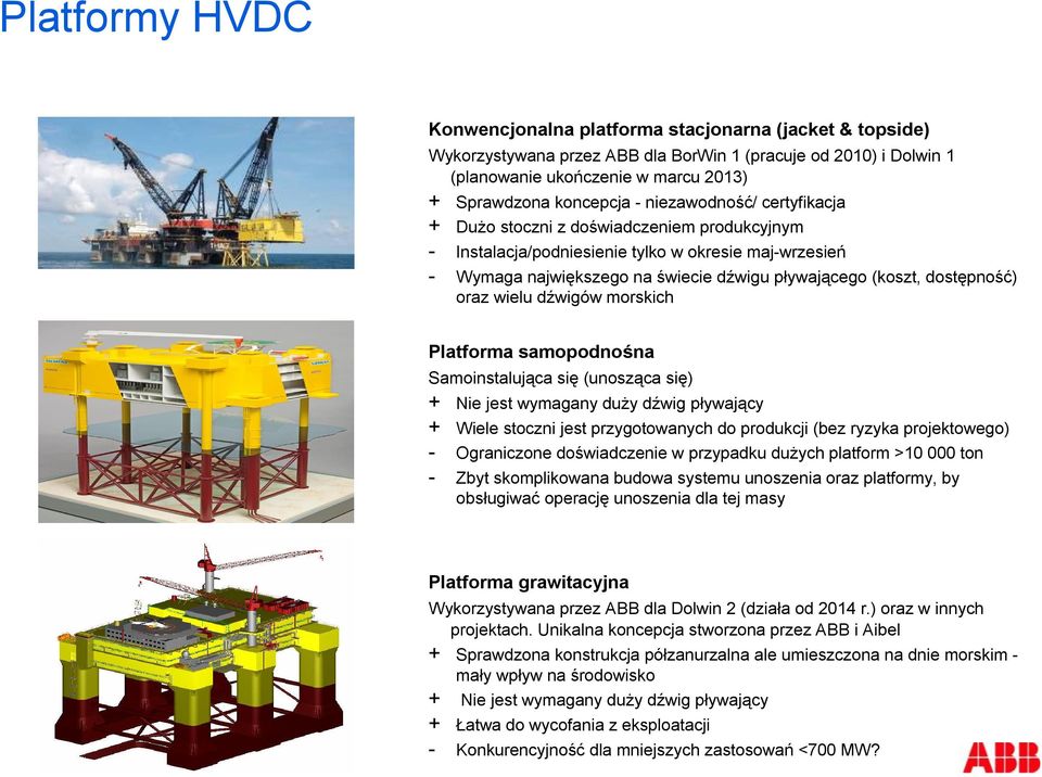 oraz wielu dźwigów morskich Platforma samopodnośna Samoinstalująca się (unosząca się) + Nie jest wymagany duży dźwig pływający + Wiele stoczni jest przygotowanych do produkcji (bez ryzyka
