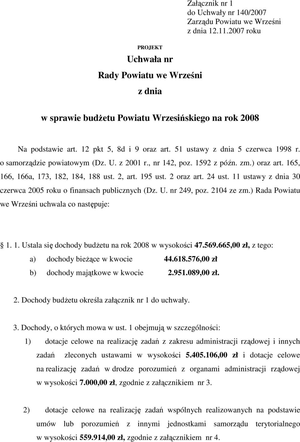 o samorządzie powiatowym (Dz. U. z 2001 r., nr 142, poz. 1592 z późn. zm.) oraz art. 165, 166, 166a, 173, 182, 184, 188 ust. 2, art. 195 ust. 2 oraz art. 24 ust.