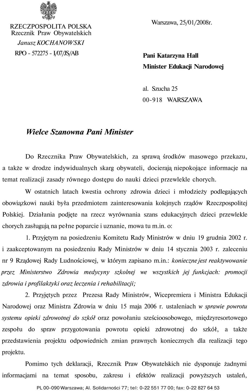 informacje na temat realizacji zasady równego dostępu do nauki dzieci przewlekle chorych.