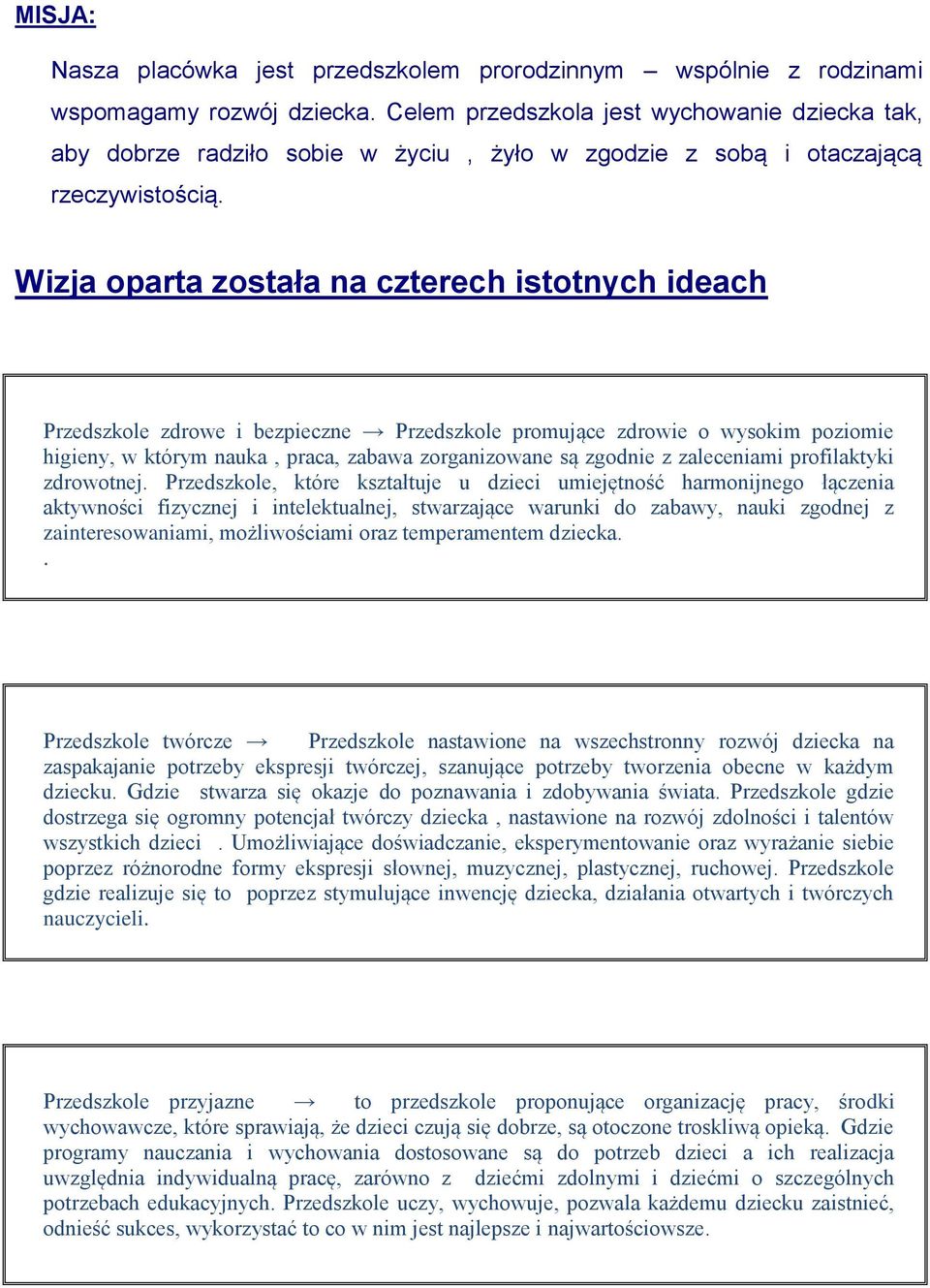 Wizja oparta została na czterech istotnych ideach Przedszkole zdrowe i bezpieczne Przedszkole promujące zdrowie o wysokim poziomie higieny, w którym nauka, praca, zabawa zorganizowane są zgodnie z