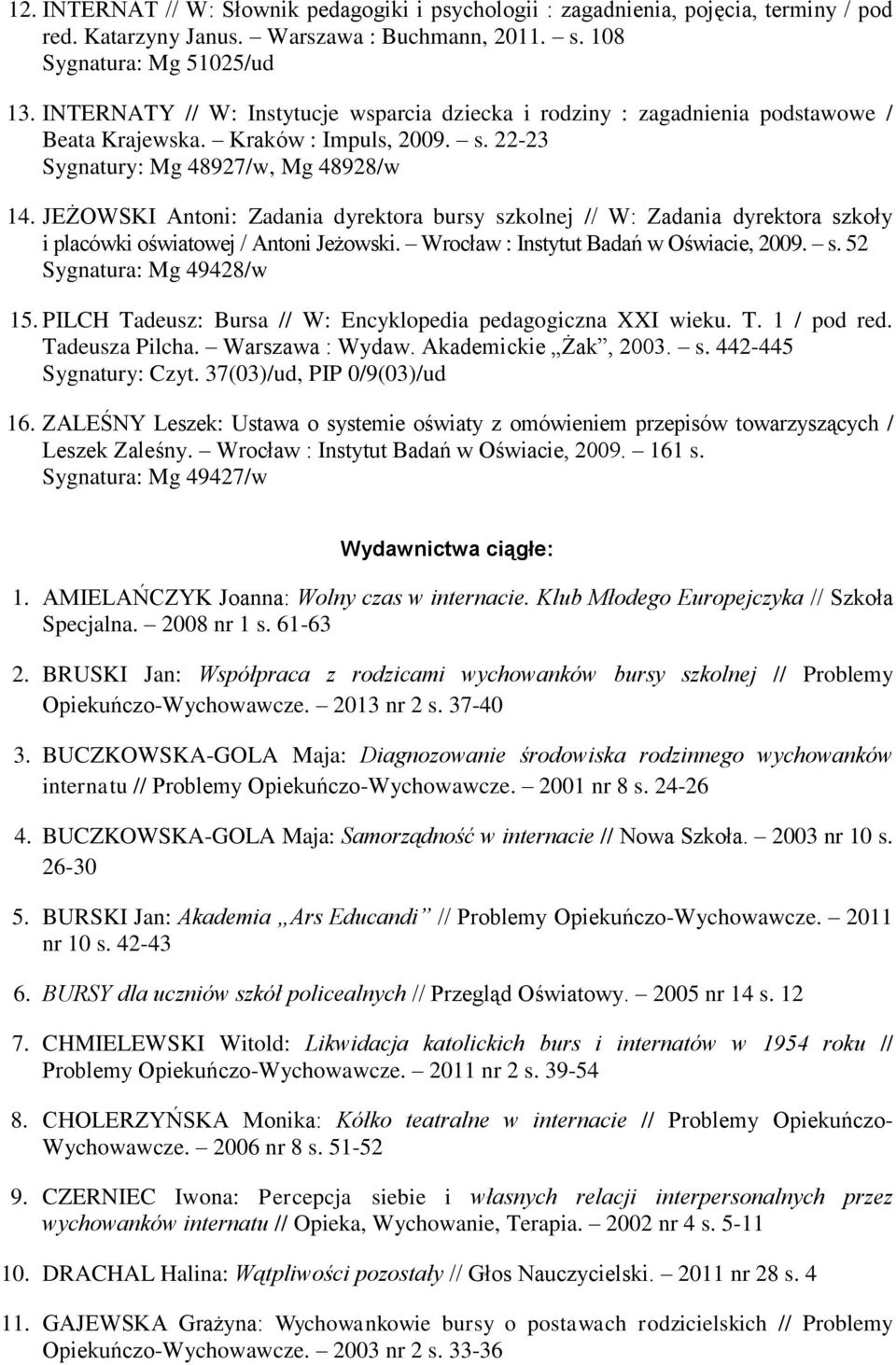 JEŻOWSKI Antoni: Zadania dyrektora bursy szkolnej // W: Zadania dyrektora szkoły i placówki oświatowej / Antoni Jeżowski. Wrocław : Instytut Badań w Oświacie, 2009. s. 52 Sygnatura: Mg 49428/w 15.