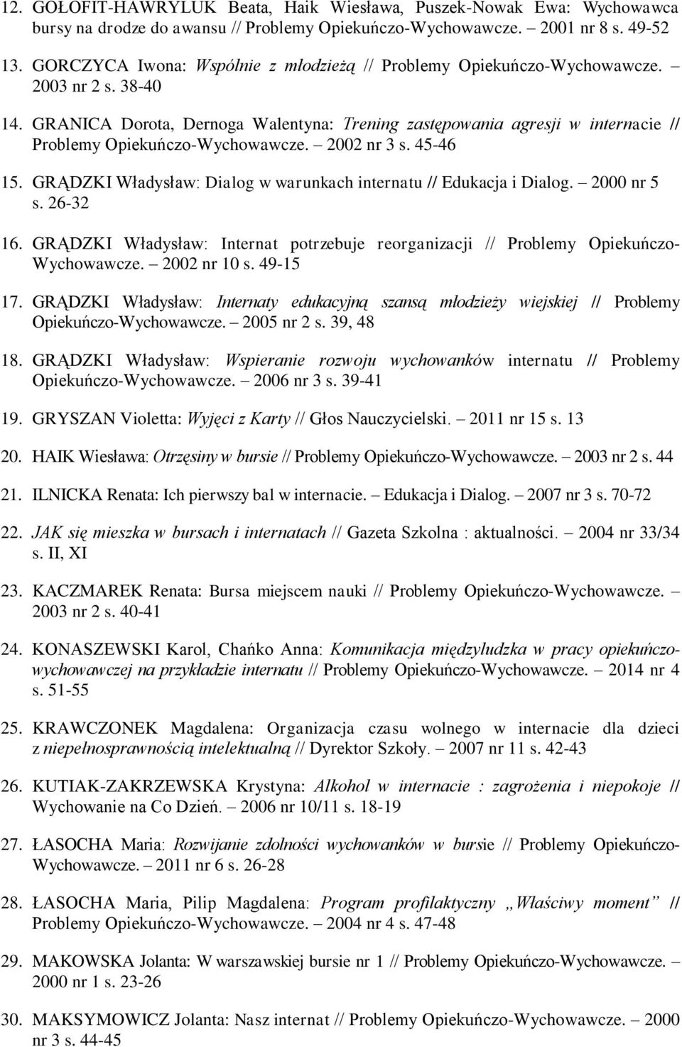 GRANICA Dorota, Dernoga Walentyna: Trening zastępowania agresji w internacie // Problemy Opiekuńczo-Wychowawcze. 2002 nr 3 s. 45-46 15.