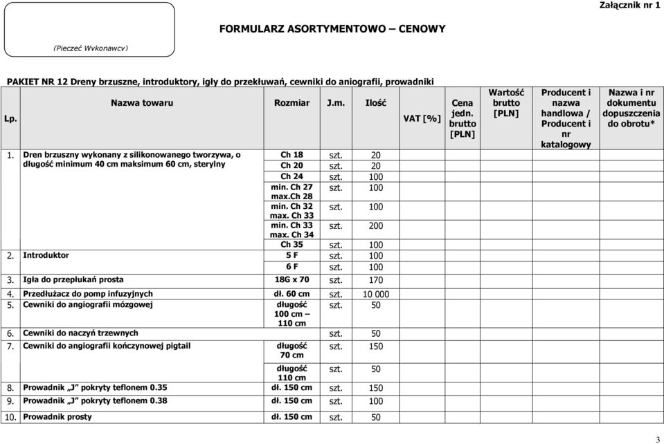 Ch 32 szt. 100 max. Ch 33 min. Ch 33 max. Ch 34 szt. 200 Ch 35 szt. 100 5 F szt. 100 6 F szt. 100 VAT [%] Cena jedn.