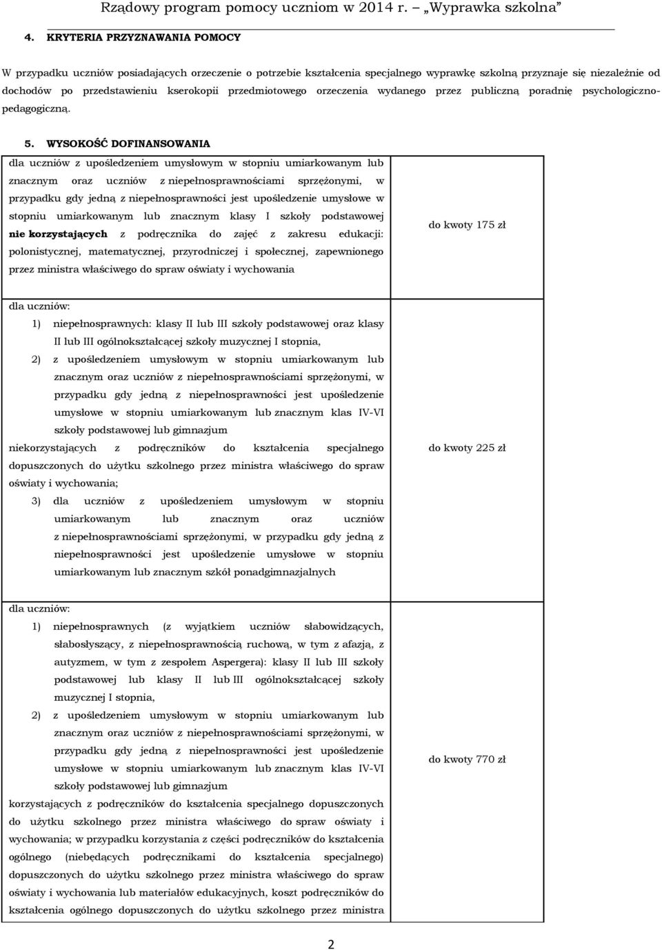 WYSOKOŚĆ DOFINANSOWANIA dla uczniów z upośledzeniem umysłowym w stopniu umiarkowanym lub przypadku gdy jedną z niepełnosprawności jest upośledzenie umysłowe w stopniu umiarkowanym lub znacznym klasy