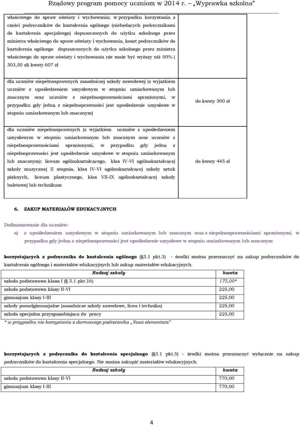 nie może być wyższy niż 50% ( 303,50 zł) kwoty 607 zł dla uczniów niepełnosprawnych zasadniczej szkoły zawodowej (z wyjątkiem uczniów z upośledzeniem umysłowym w stopniu umiarkowanym lub przypadku