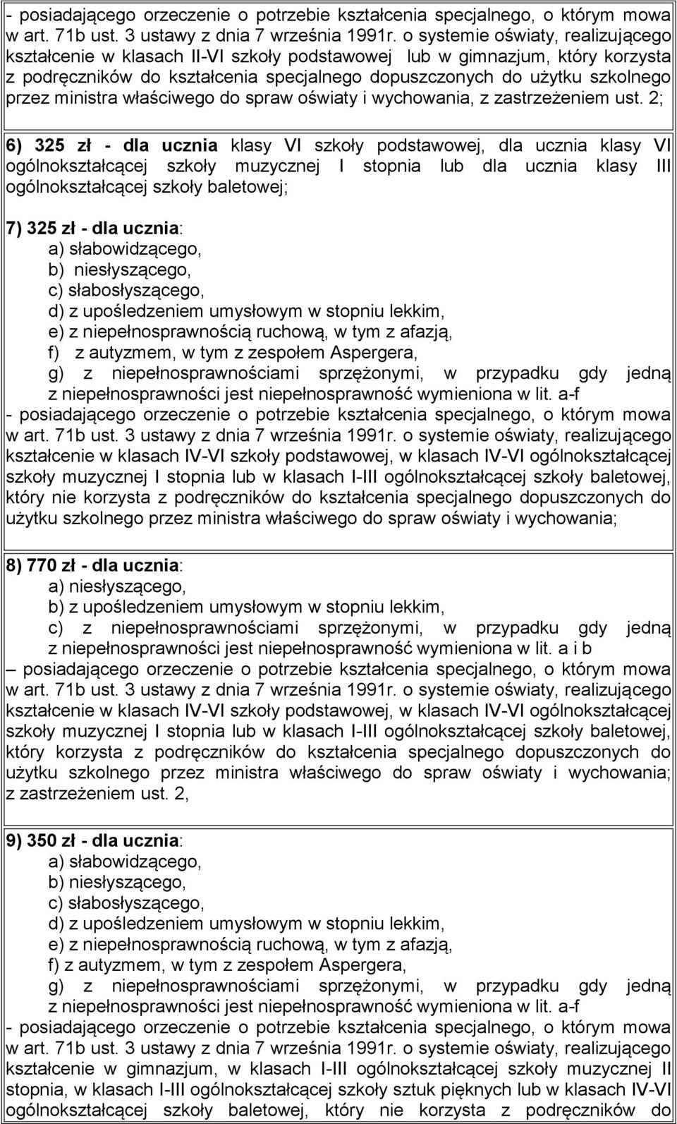 2; 6) 325 zł - dla ucznia klasy VI szkoły podstawowej, dla ucznia klasy VI ogólnokształcącej szkoły muzycznej I stopnia lub dla ucznia klasy III ogólnokształcącej szkoły baletowej; 7) 325 zł - dla