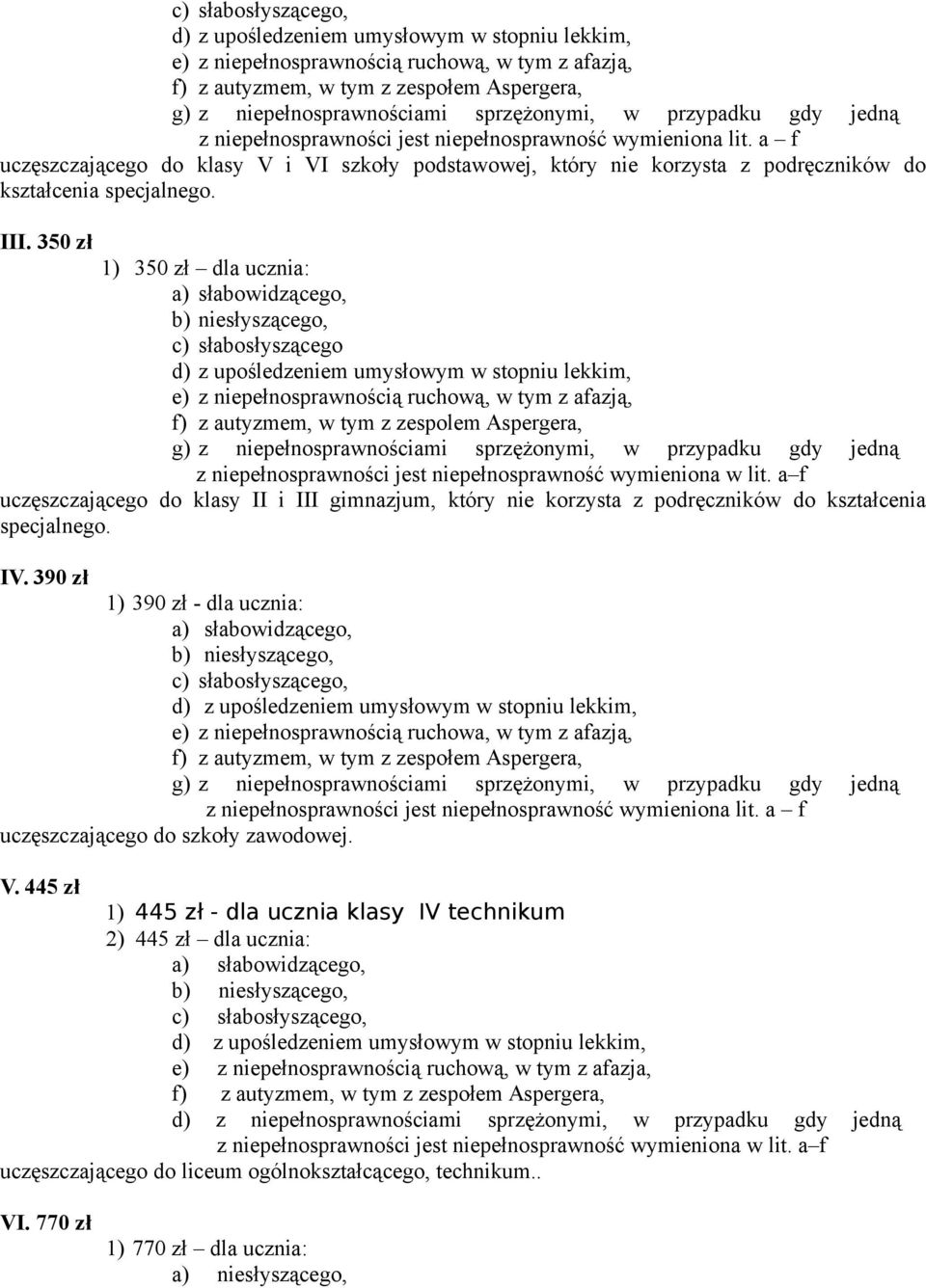 350 zł 1) 350 zł dla ucznia: c) słabosłyszącego e) z niepełnosprawnością ruchową, w tym z afazją, f) z autyzmem, w tym z zespolem Aspergera, z niepełnosprawności jest niepełnosprawność wymieniona w