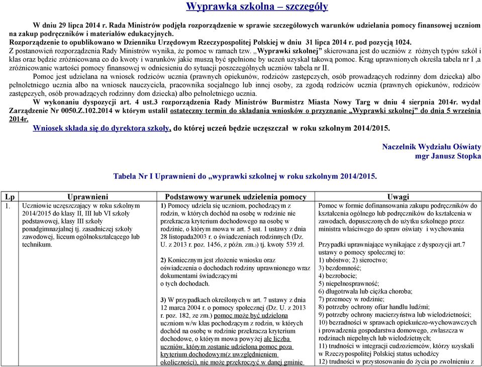 Rozporządzenie to opublikowano w Dzienniku Urzędowym Rzeczypospolitej Polskiej w dniu 31 lipca 2014 r. pod pozycją 1024. Z postanowień rozporządzenia Rady Ministrów wynika, że pomoc w ramach tzw.