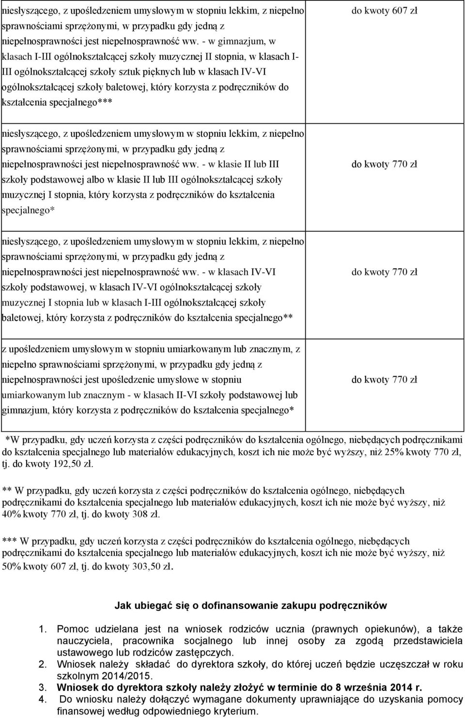 korzysta z podręczników do kształcenia specjalnego*** do kwoty 607 zł  - w klasie II lub III szkoły podstawowej albo w klasie II lub III ogólnokształcącej szkoły muzycznej I stopnia, który korzysta z