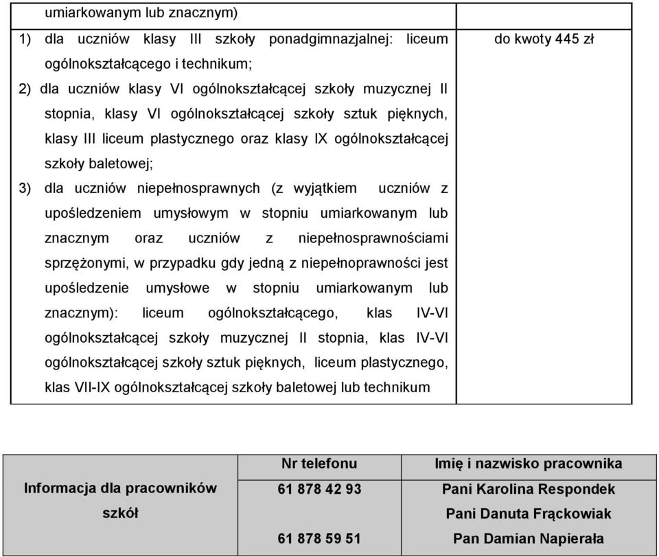 lub znacznym oraz uczniów z niepełnosprawnościami sprzężonymi, w przypadku gdy jedną z niepełnoprawności jest upośledzenie umysłowe w stopniu umiarkowanym lub znacznym): liceum ogólnokształcącego,