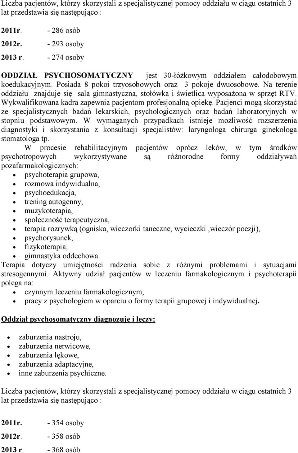 Na terenie oddziału znajduje się sala gimnastyczna, stołówka i świetlica wyposażona w sprzęt RTV. Wykwalifikowana kadra zapewnia pacjentom profesjonalną opiekę.
