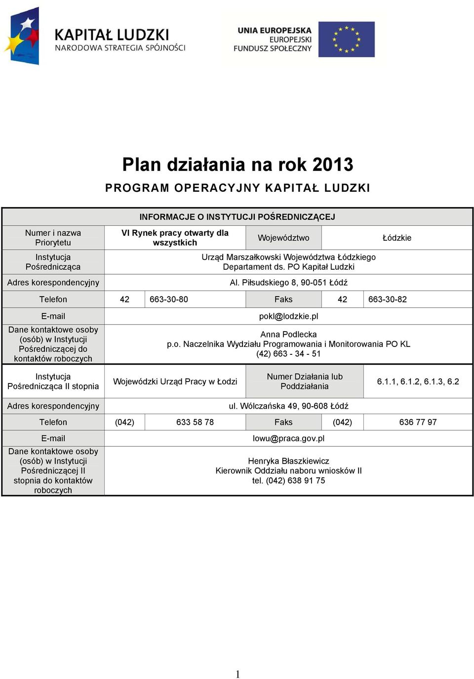 Piłsudskiego 8, 90-051 Łódź Łódzkie Telefon 42 663-30-80 Faks 42 663-30-82 E-mail Dane kontaktowe osoby (osób) w Instytucji Pośredniczącej kontaktów roboczych pokl@lodzkie.pl Anna Podlecka p.o. Naczelnika Wydziału Programowania i Monitorowania PO KL (42) 663-34 - 51 Instytucja Pośrednicząca II stopnia Wojewódzki Urząd Pracy w Łodzi Numer Działania lub Poddziałania 6.