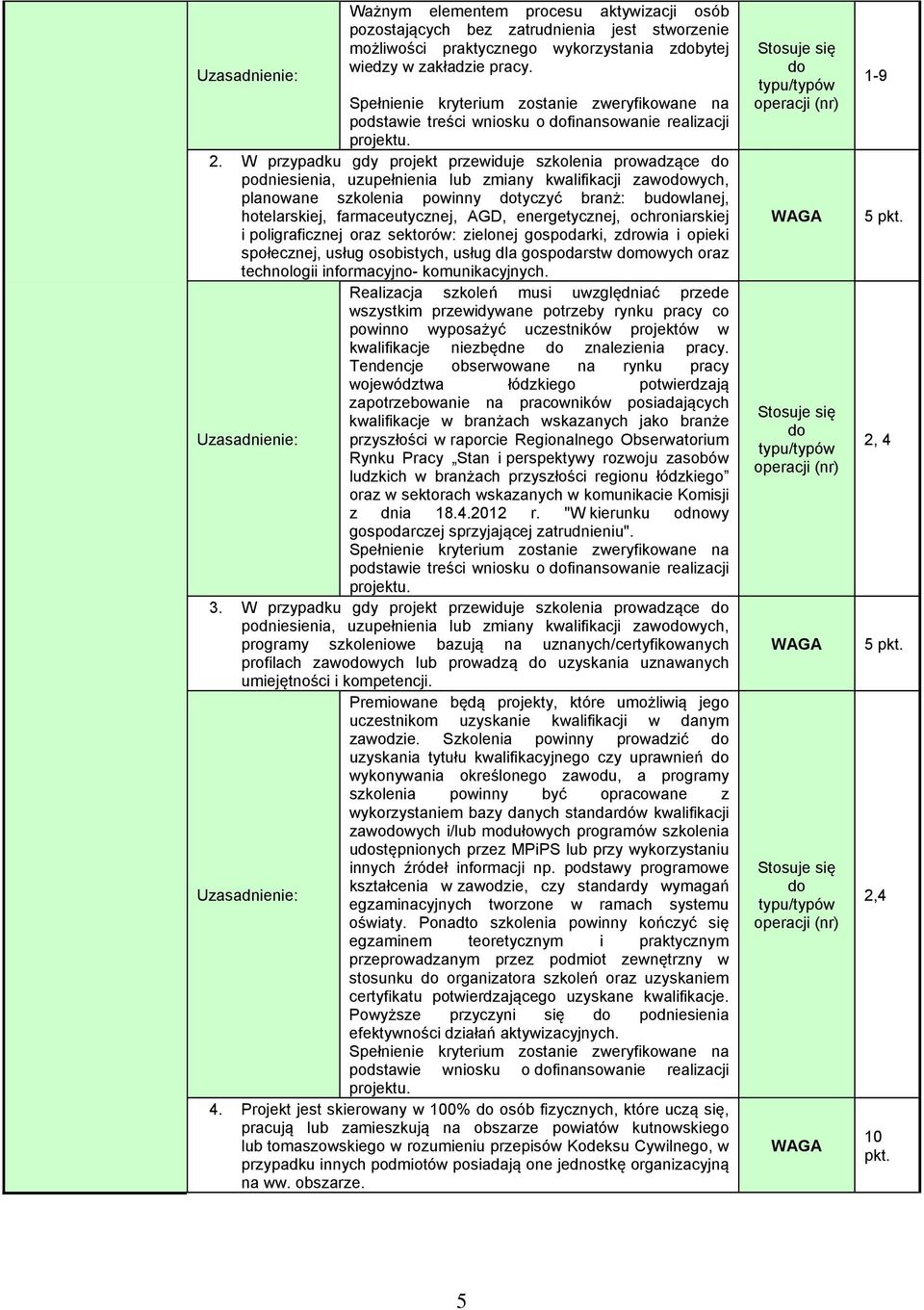 W przypadku gdy projekt przewiduje szkolenia prowadzące podniesienia, uzupełnienia lub zmiany kwalifikacji zawowych, planowane szkolenia powinny tyczyć branż: buwlanej, hotelarskiej, farmaceutycznej,