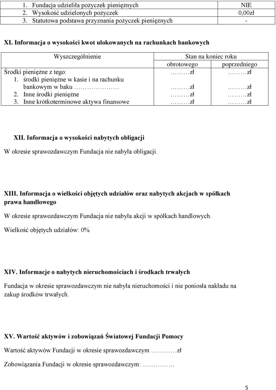 Inne krótkoterminowe aktywa finansowe Stan na koniec roku obrotowego poprzedniego XII. Informacja o wysokości nabytych obligacji W okresie sprawozdawczym Fundacja nie nabyła obligacji. XIII.