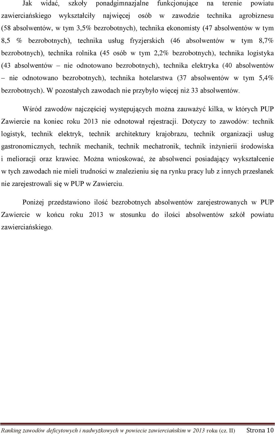 absolwentów nie odnotowano bezrobotnych), technika elektryka (40 absolwentów nie odnotowano bezrobotnych), technika hotelarstwa (37 absolwentów w tym 5,4% bezrobotnych).