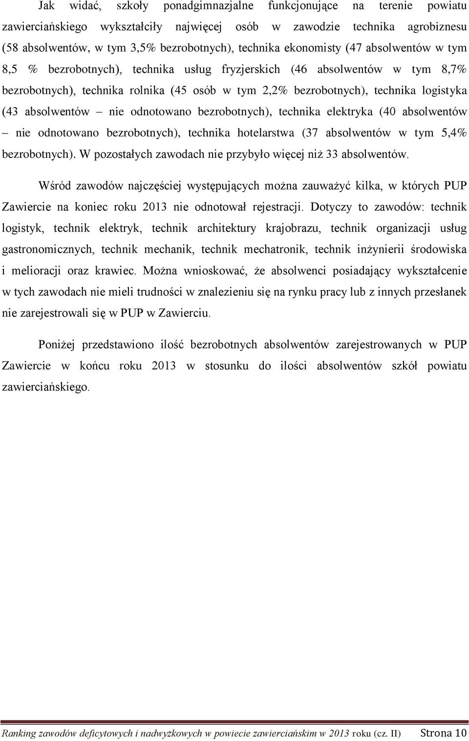 absolwentów nie odnotowano bezrobotnych), technika elektryka (40 absolwentów nie odnotowano bezrobotnych), technika hotelarstwa (37 absolwentów w tym 5,4% bezrobotnych).