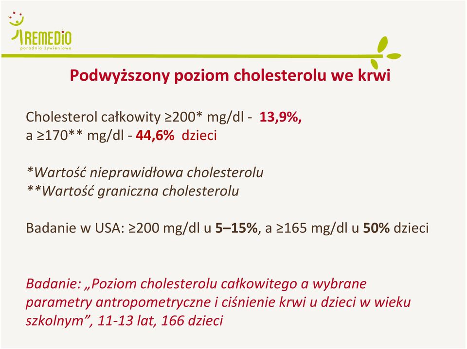 Badanie w USA: 200 mg/dl u5 15%, a 165 mg/dl u50%dzieci Badanie: Poziom cholesterolu