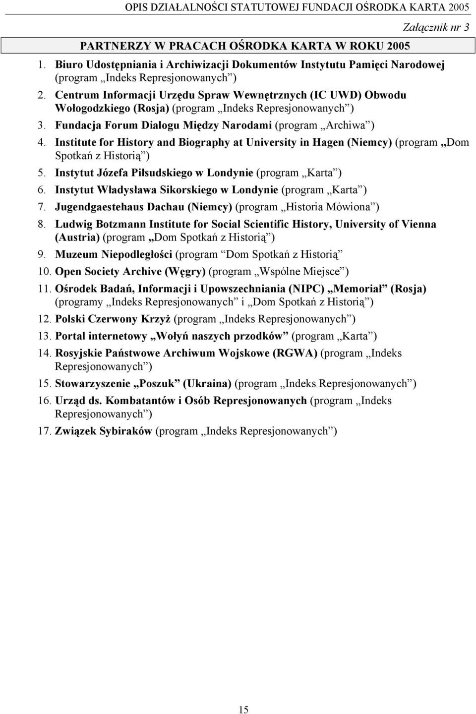 Institute for History and Biography at University in Hagen (Niemcy) (program Dom Spotkań z Historią ) 5. Instytut Józefa Piłsudskiego w Londynie (program Karta ) 6.