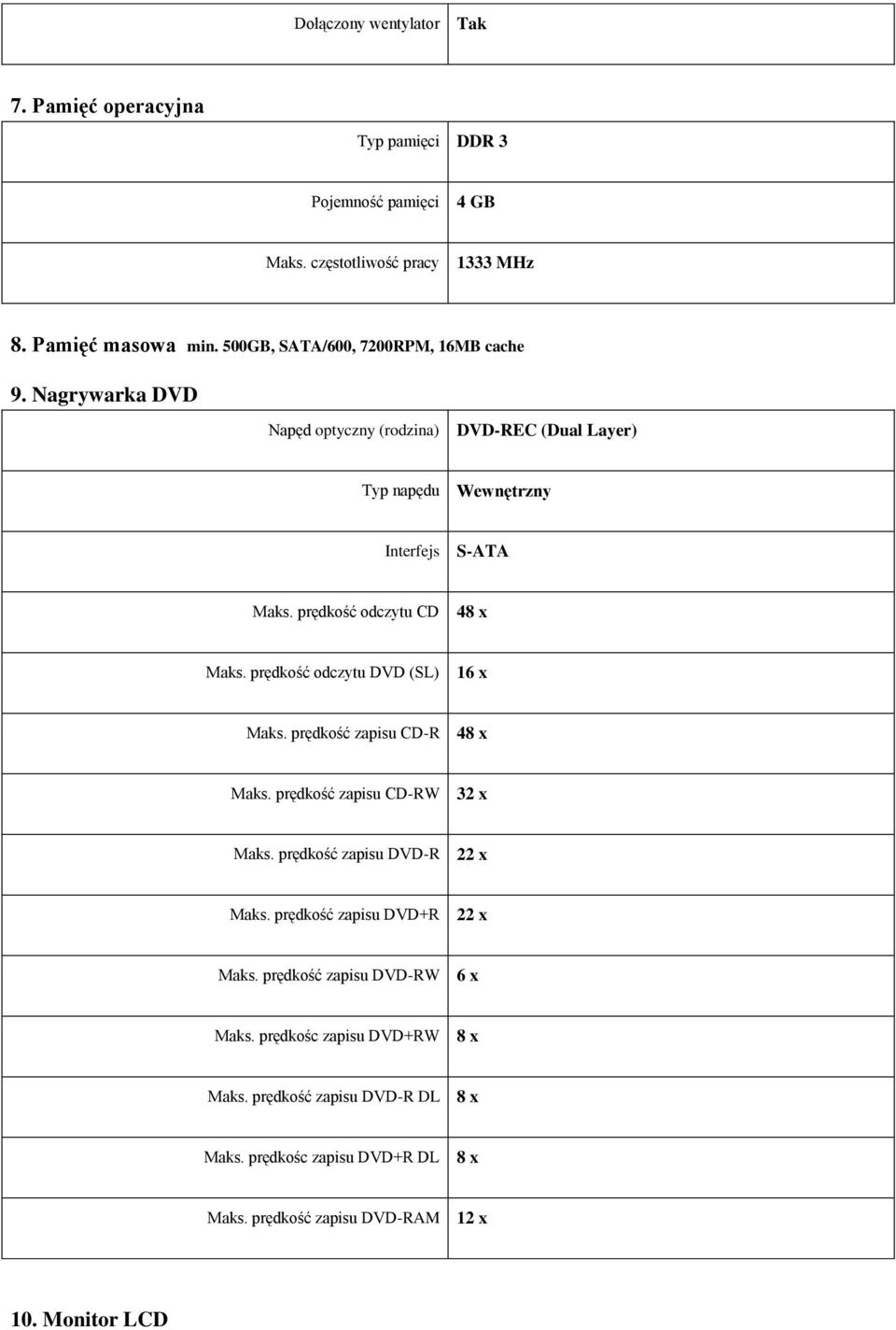 prędkość odczytu CD 48 x Maks. prędkość odczytu DVD (SL) 16 x Maks. prędkość zapisu CD-R 48 x Maks. prędkość zapisu CD-RW 32 x Maks. prędkość zapisu DVD-R 22 x Maks.