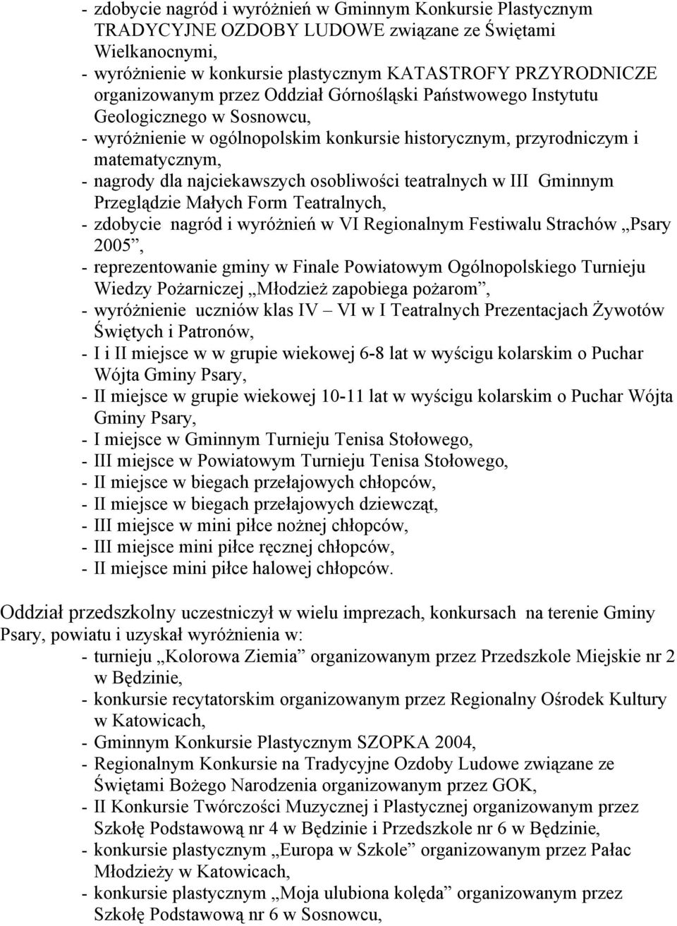 teatralnych w III Gminnym Przeglądzie Małych Form Teatralnych, - zdobycie nagród i wyróżnień w VI Regionalnym Festiwalu Strachów Psary 2005, - reprezentowanie gminy w Finale Powiatowym