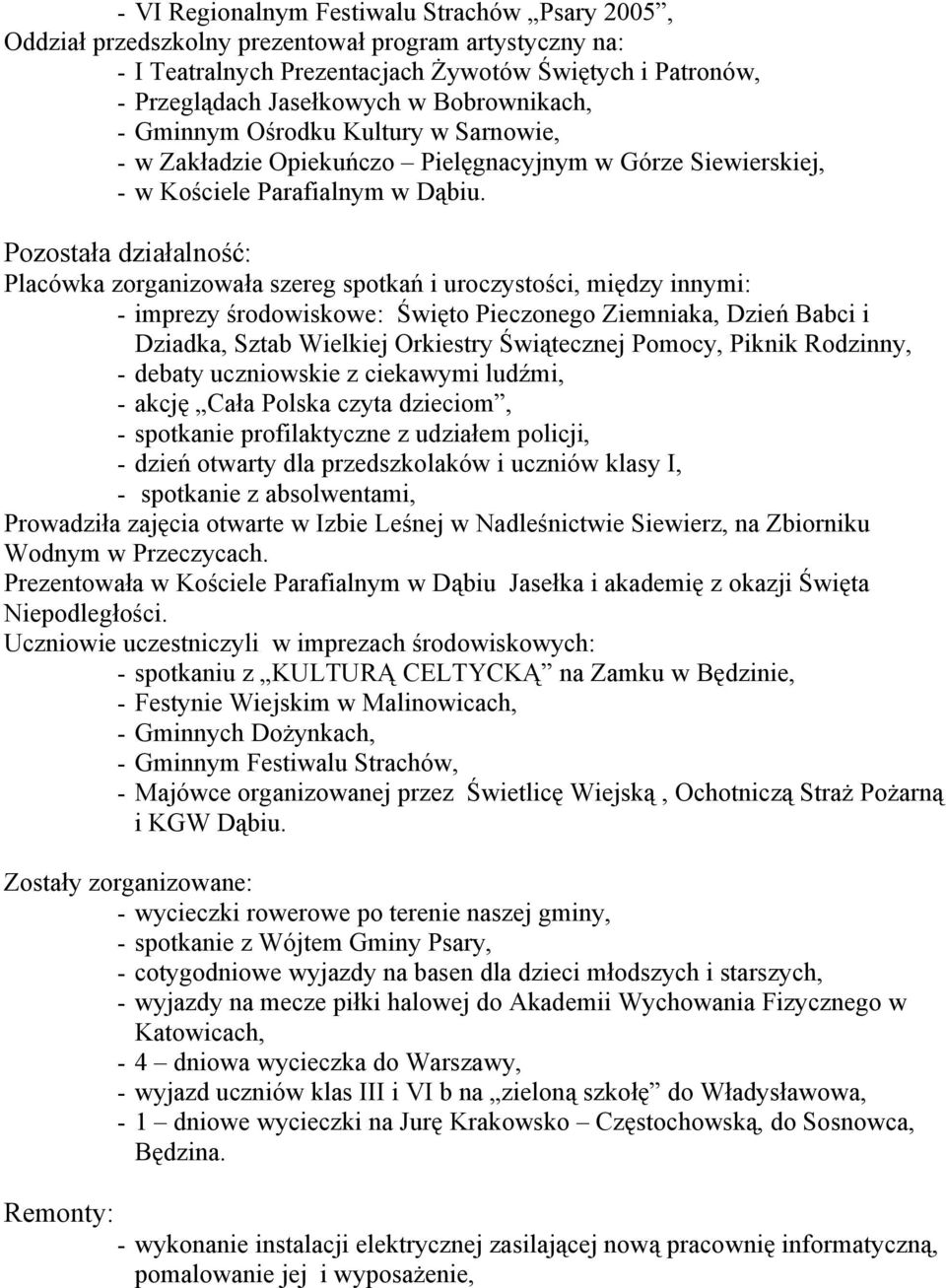 Pozostała działalność: Placówka zorganizowała szereg spotkań i uroczystości, między innymi: - imprezy środowiskowe: Święto Pieczonego Ziemniaka, Dzień Babci i Dziadka, Sztab Wielkiej Orkiestry
