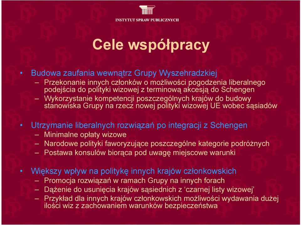 wizowe Narodowe polityki faworyzujące poszczególne kategorie podróżnych Postawa konsulów biorąca pod uwagę miejscowe warunki Większy wpływ na politykę innych krajów członkowskich Promocja rozwiązań w
