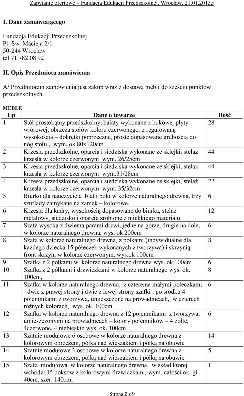 MEBLE Lp Dane o towarze Ilość 1 Stół prostokątny przedszkolny, balaty wykonane z bukowej płyty 28 wiórowej, obrzeża stołów koloru czerwonego, z regulowaną wysokością dokrętki poprzeczne, proste