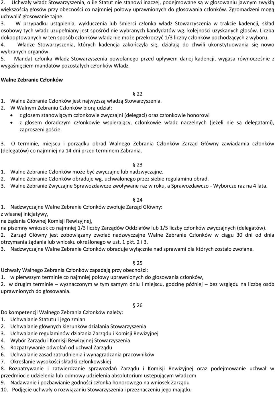 W przypadku ustąpienia, wykluczenia lub śmierci członka władz Stowarzyszenia w trakcie kadencji, skład osobowy tych władz uzupełniany jest spośród nie wybranych kandydatów wg.