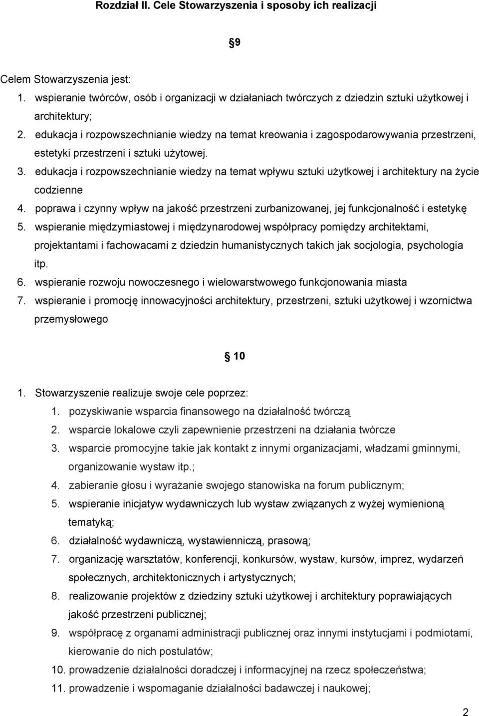 edukacja i rozpowszechnianie wiedzy na temat wpływu sztuki użytkowej i architektury na życie codzienne 4. poprawa i czynny wpływ na jakość przestrzeni zurbanizowanej, jej funkcjonalność i estetykę 5.
