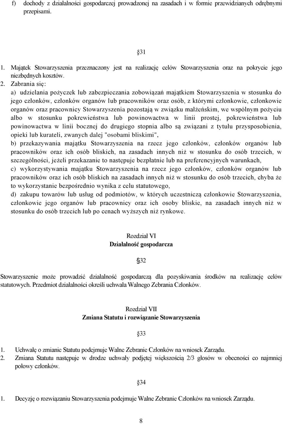 Zabrania się: a) udzielania pożyczek lub zabezpieczania zobowiązań majątkiem Stowarzyszenia w stosunku do jego członków, członków organów lub pracowników oraz osób, z którymi członkowie, członkowie