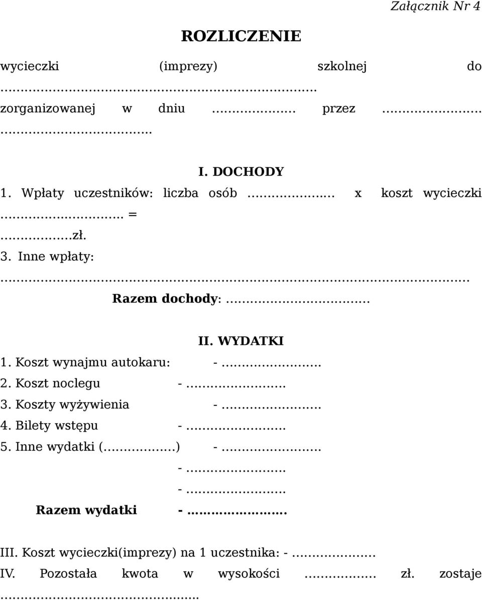 Koszt wynajmu autokaru: -. 2. Koszt noclegu -. 3. Koszty wyżywienia -. 4. Bilety wstępu -. 5.