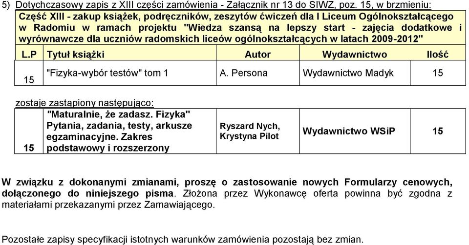dla uczniów radomskich liceów ogólnokształcących w latach 09-" L.P Tytuł książki Autor Ilość "Fizyka-wybór testów" tom A. Persona Madyk "Maturalnie, że zadasz.