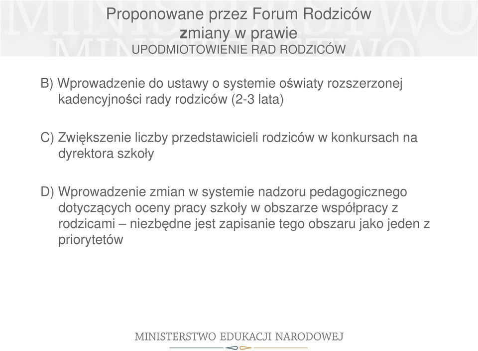 rodziców w konkursach na dyrektora szkoły D) Wprowadzenie zmian w systemie nadzoru pedagogicznego dotyczących