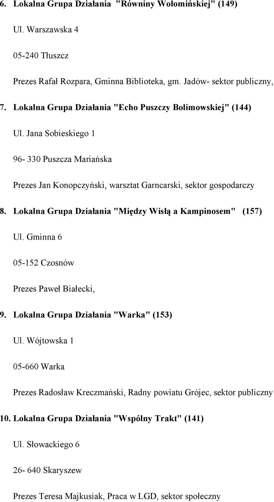 Lokalna Grupa Działania "Między Wisłą a Kampinosem" (157) Ul. Gminna 6 05-152 Czosnów Prezes Paweł Białecki, 9. Lokalna Grupa Działania "Warka" (153) Ul.