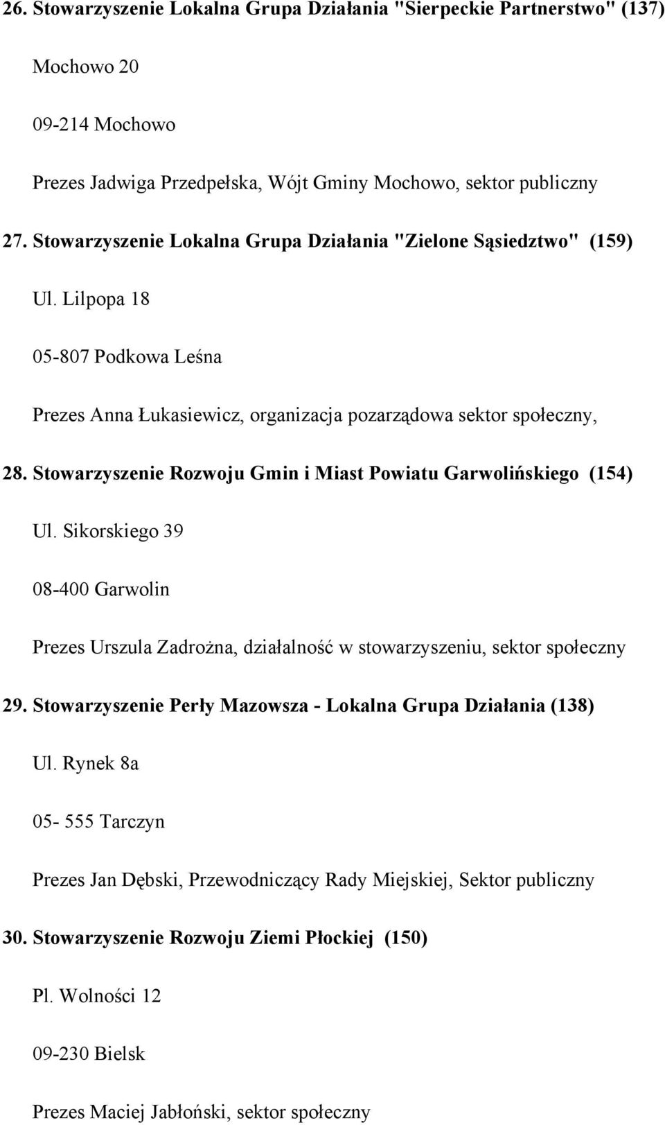 Stowarzyszenie Rozwoju Gmin i Miast Powiatu Garwolińskiego (154) Ul. Sikorskiego 39 08-400 Garwolin Prezes Urszula Zadrożna, działalność w stowarzyszeniu, sektor społeczny 29.