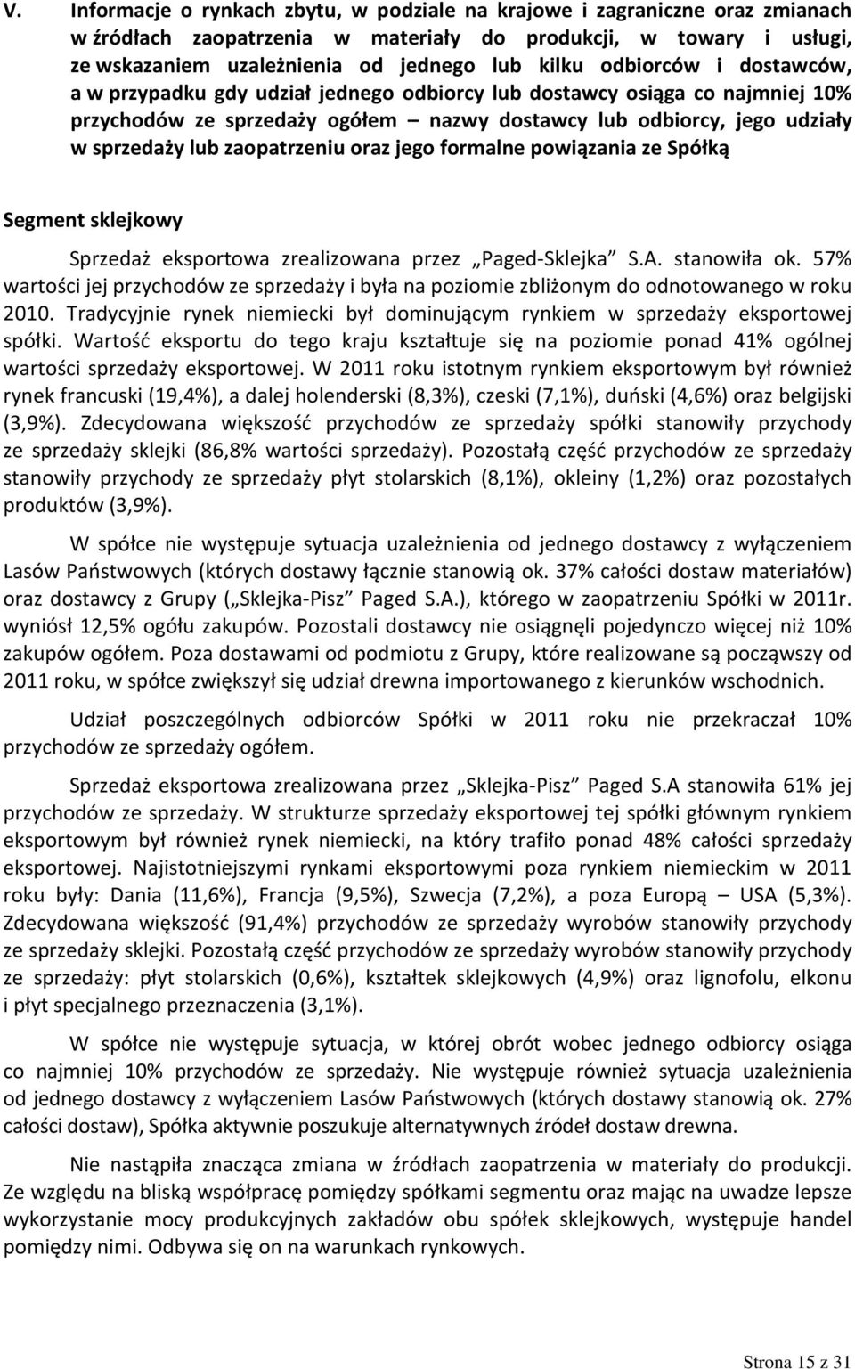 zaopatrzeniu oraz jego formalne powiązania ze Spółką Segment sklejkowy Sprzedaż eksportowa zrealizowana przez Paged-Sklejka S.A. stanowiła ok.