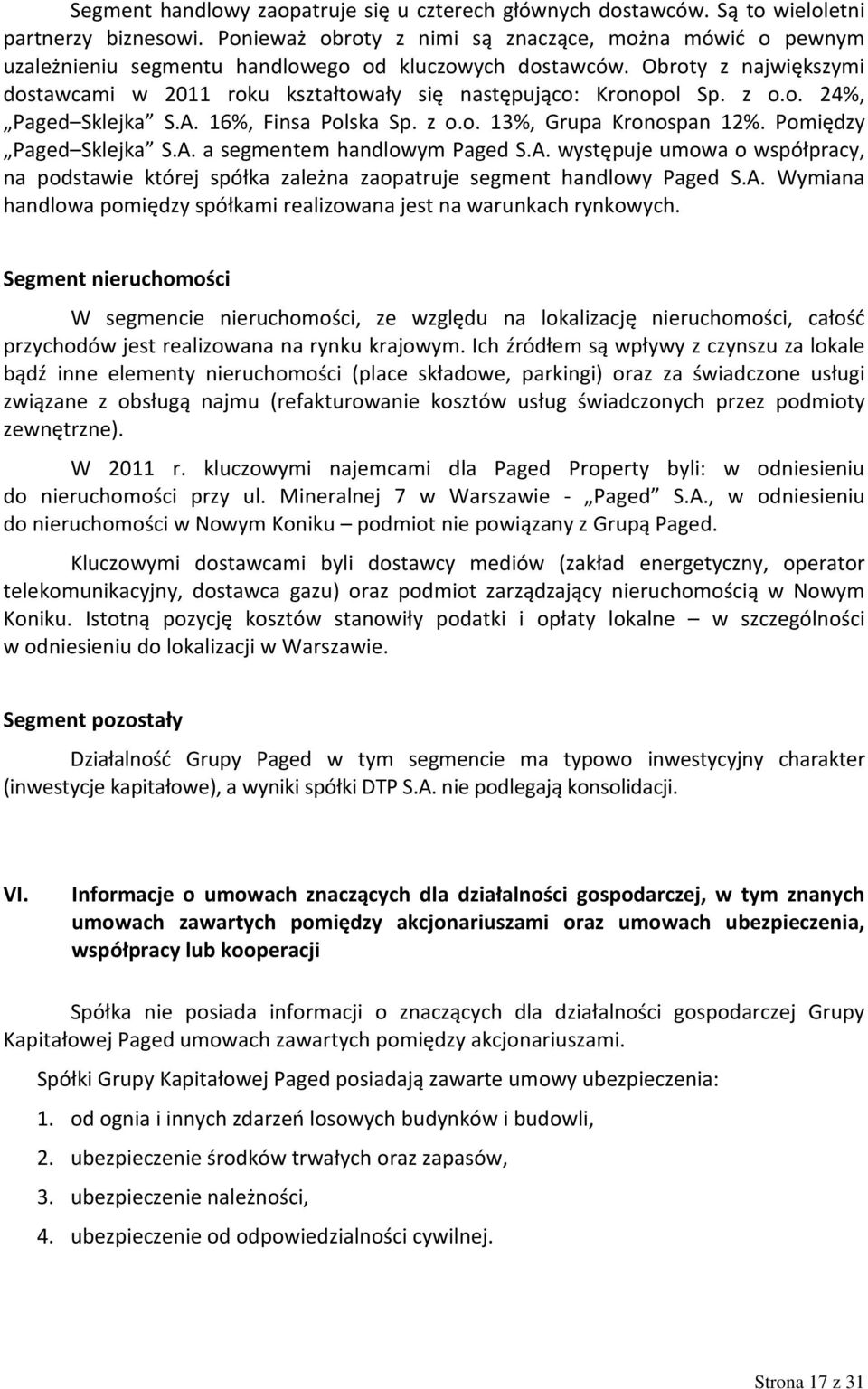 Obroty z największymi dostawcami w 2011 roku kształtowały się następująco: Kronopol Sp. z o.o. 24%, Paged Sklejka S.A. 16%, Finsa Polska Sp. z o.o. 13%, Grupa Kronospan 12%. Pomiędzy Paged Sklejka S.