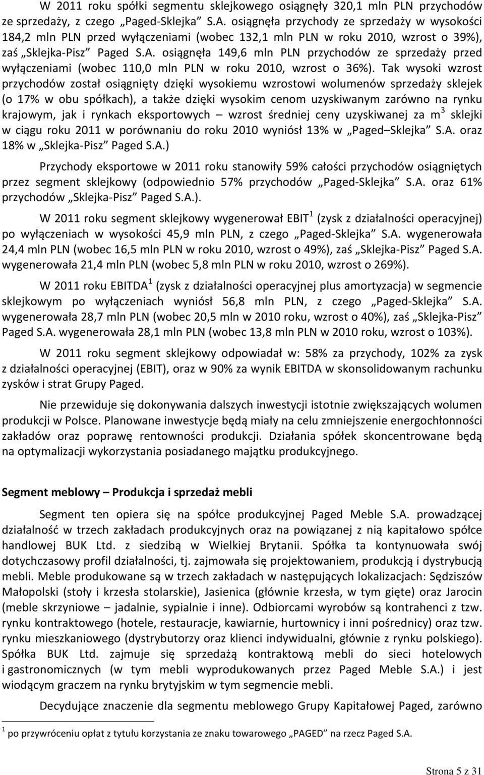 osiągnęła 149,6 mln PLN przychodów ze sprzedaży przed wyłączeniami (wobec 110,0 mln PLN w roku 2010, wzrost o 36%).