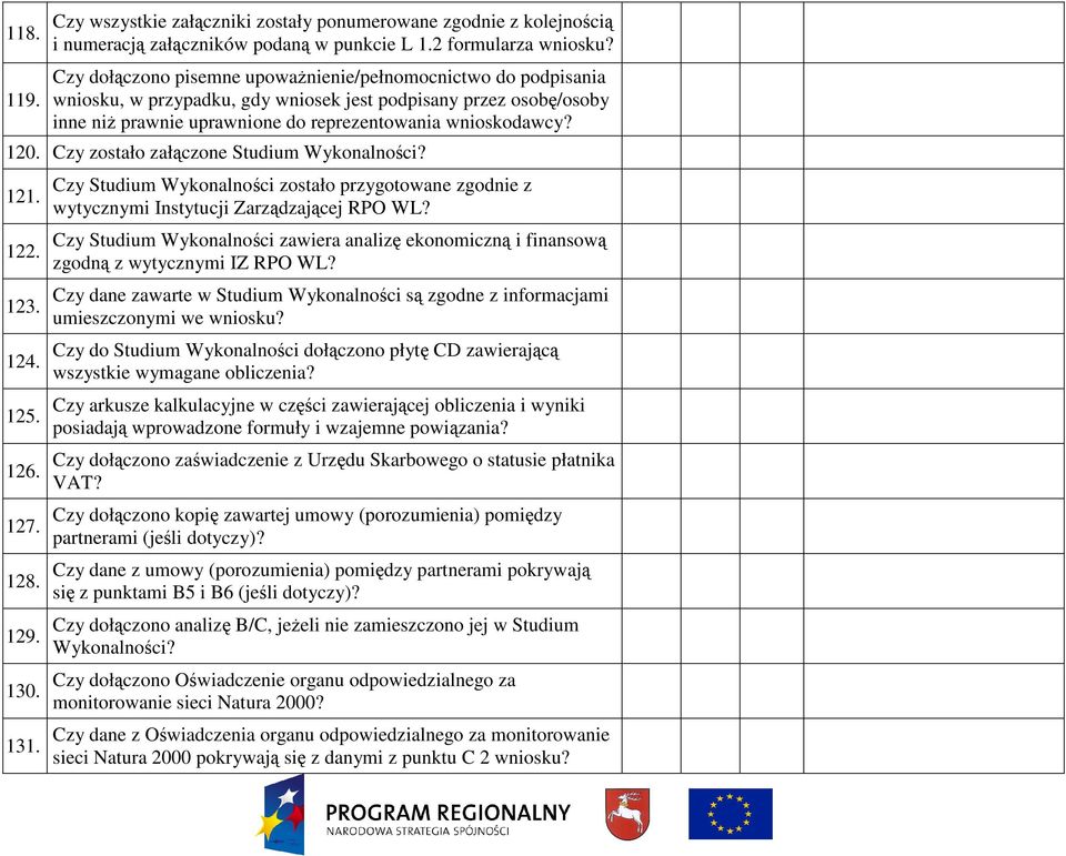 Czy zostało załączone Studium Wykonalności? 121. 122. 123. 124. 125. 126. 127. 128. 129. 130. 131. Czy Studium Wykonalności zostało przygotowane zgodnie z wytycznymi Instytucji Zarządzającej RPO WL?